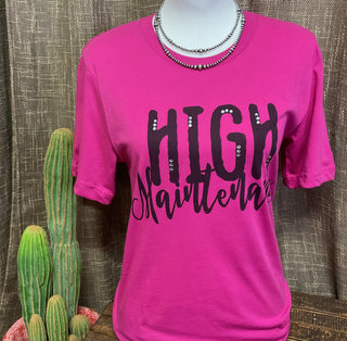 High Maintenance tee featuring black lettering and decorative crystal details