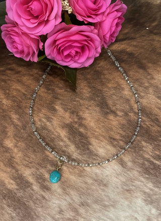 Champagne crystal necklace with turquoise drop pendant statement jewelry
