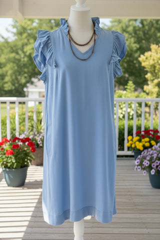Blue linen blend shift dress with flutter sleeves and v-neckline, casual boutique dress with pockets