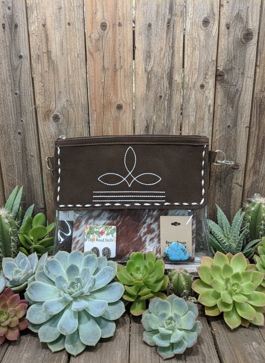 Rodeo Ready Bag Kit featuring 9x11 clear bag with suede boot-stitch top, coordinated wild rag, matching scarf slide, and silver-tone earrings