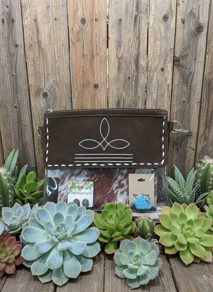 Rodeo Ready Bag Kit featuring 9x11 clear bag with suede boot-stitch top, coordinated wild rag, matching scarf slide, and silver-tone earrings
