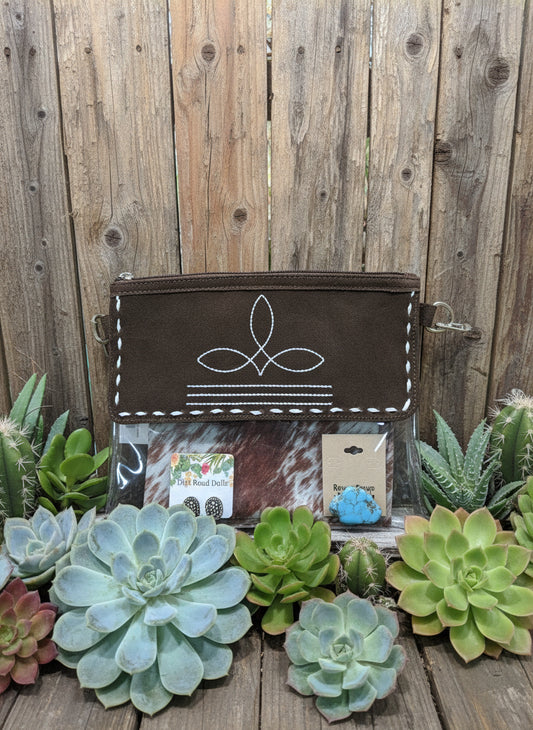 Rodeo Ready Bag Kit featuring 9x11 clear bag with suede boot-stitch top, coordinated wild rag, matching scarf slide, and silver-tone earrings