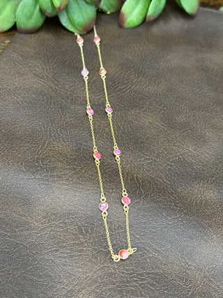 Pink dahlia station necklace on gold plated sterling silver chain, delicate feminine boutique jewelry