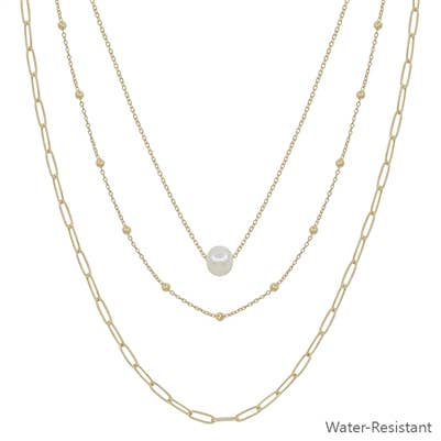 Water Resistant Triple Layered Gold & Pearl Beaded Necklace
