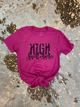 Pink High Maintenance graphic tee featuring crystal embellishments and bold black lettering