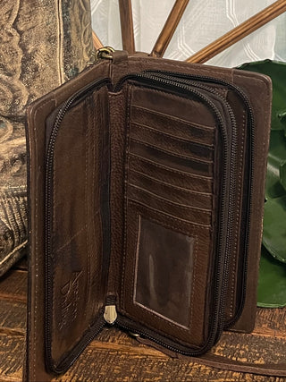 Tooled cactus leather organizer wristlet with card slots and compartments