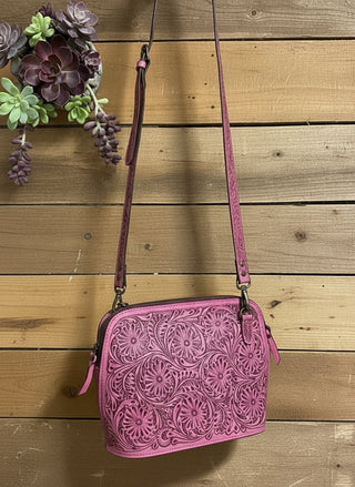 pink hand tooled leather crossbody bag floral carved western boutique statement purse