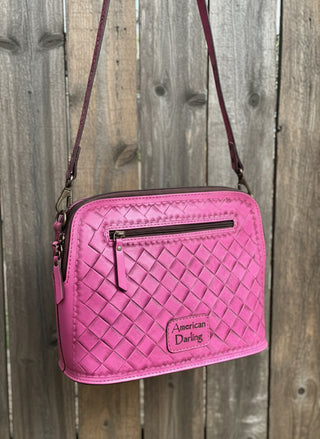 pink western tote bag with tooled floral leather front and quilted leather back