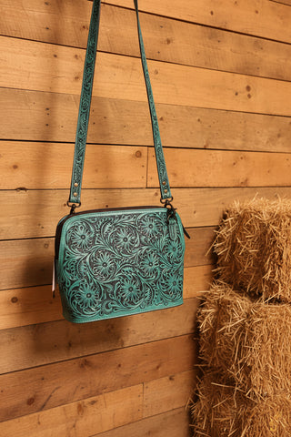 western style turquoise leather bag tooled design statement handbag