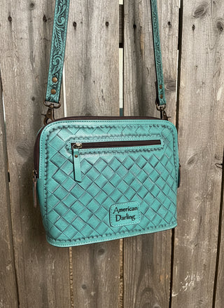 turquoise western bag with tooled floral leather front and quilted leather back