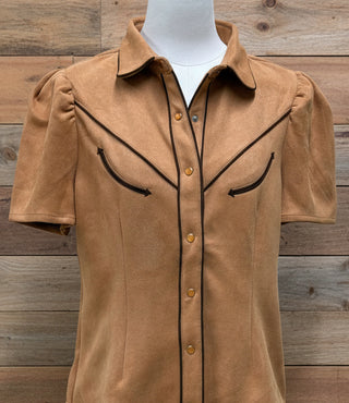 Suede like western snap shirt with pearl snaps and contrast piping, puff sleeve boutique top