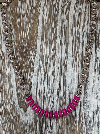 Silver western fashion necklace with hot pink disc beads and etched spacer details