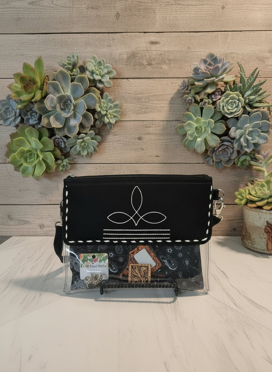 Rodeo Ready Bag Kit featuring 9x11 clear bag with suede boot-stitch top, coordinated wild rag, matching scarf slide, and silver-tone earrings