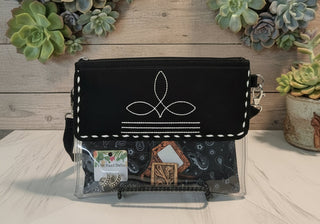 Rodeo Ready Bag Kit featuring 9x11 clear bag with suede boot-stitch top, coordinated wild rag, matching scarf slide, and silver-tone earrings