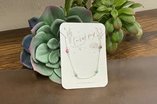 Turquoise and pink dahlia station necklace on sterling silver chain, lightweight layered boutique jewelry