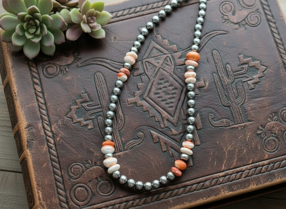 Sterling silver pearl necklace with 8mm beads and orange spiny oyster accents, shown styled flat to highlight natural color variation and polished sterling finish.