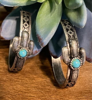 silver-tone hoop earrings with turquoise saguaro cactus and aztec etched western design boutique jewelry