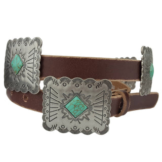 Hand distressed vintage leather belt with oversized conchos and natural stones western statement belt