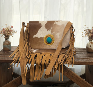 Western fringe crossbody bag with genuine rough leather and hair-on cowhide accents