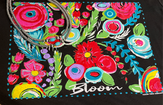 Women's floral statement graphic tee with colorful Callie Ann Stelter artwork