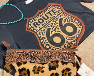 Graphite Bella Canvas Route 66 Tee featuring a leopard print Route 66 graphic