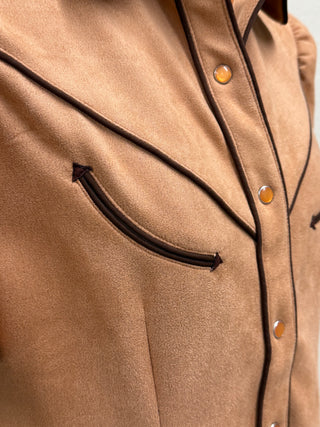 Neutral suede texture western top with yoke detail and puff sleeves, polished cowgirl outfit