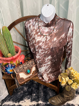 Women's western mesh top with brown and cream cowhide print