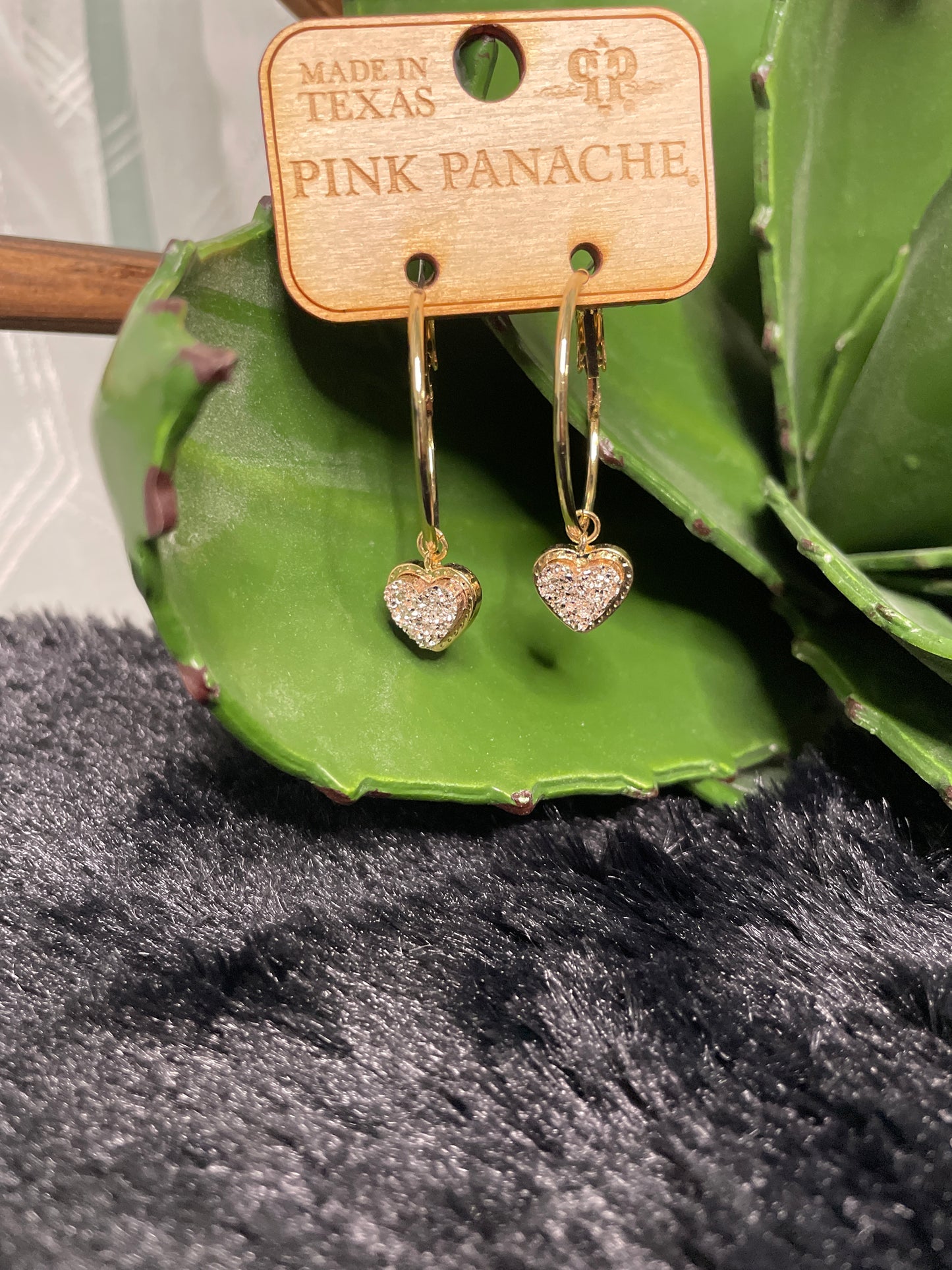 Gold-tone hoop earrings with dangling rose-gold druzy heart by Pink Panache, lightweight sparkly design
