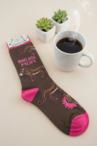 Bad Ass Mom donkey socks with hot pink heel toe and cuff funny women’s boutique gift