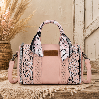Pink western speedy bag with paisley embroidery and scarf wrapped handle