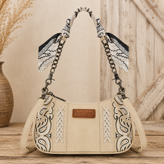 Tan western shoulder bag with scarf handle and embroidered accents