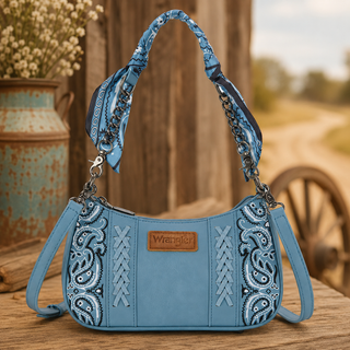 Blue western shoulder bag with paisley embroidery and scarf wrapped handle