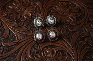 Antique-inspired crystal stud earrings in silver and copper finishes
