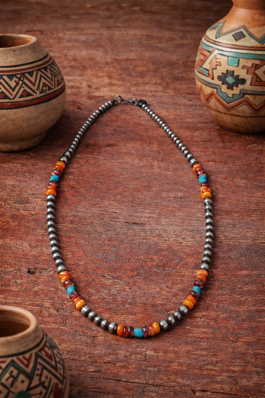 20 inch sterling pearl necklace with turquoise and spiny oyster accent beads heirloom western jewelry Dirt Road Dolls Boutique