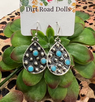 Heirloom sterling silver turquoise earrings with handcrafted granulation detailing and French hook styling