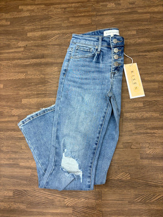 Risen Milena cropped flare jeans with exposed button fly, mid-rise light wash denim, boutique women’s jeans