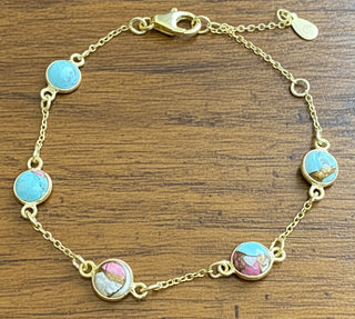 Pink dahlia station bracelet on gold plated sterling silver chain, delicate colorful boutique jewelry