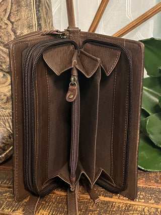 Tooled cactus leather organizer wristlet with card slots and compartments