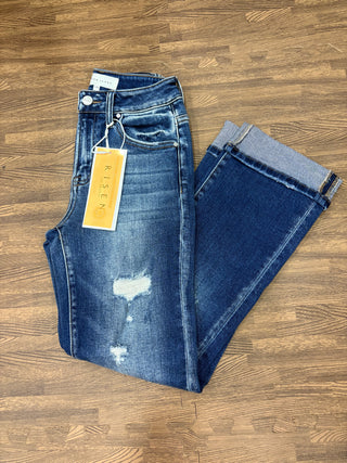 Risen Austyn mid-rise straight jeans, best-selling denim with light distressing and cuffed ankles, women’s classic blue jeans
