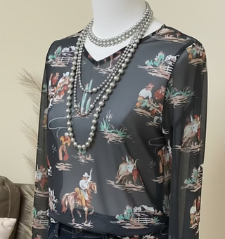 Long sleeve black western mesh top with V-neckline and subtle bell sleeves.