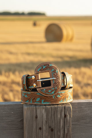 Women's turquoise tooled leather western statement belt by Myra with brown scroll design