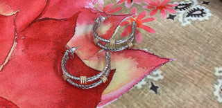 Silver tone double hoop earrings with gold accent details