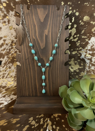 turquoise gemstone lariat necklace silver chain western style statement jewelry
