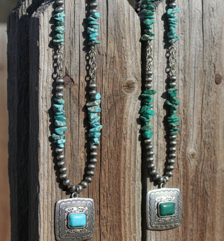 western necklace with silver beads and turquoise chip beads pendant everyday jewelry