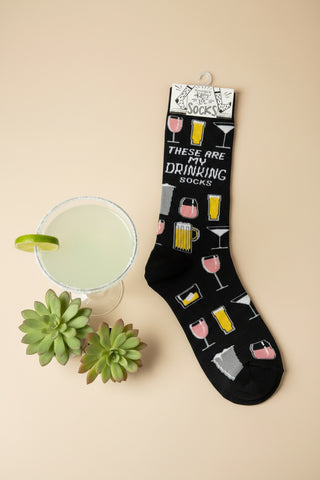 Funny drinking socks for women with martini wine and beer graphics black novelty socks boutique gift