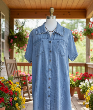 Chambray button up dress with ruffled collar and relaxed fit, lightweight denim look casual dress