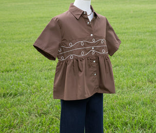 Flowy brown western women’s top with cotton Tencel fabric and boutique styling
