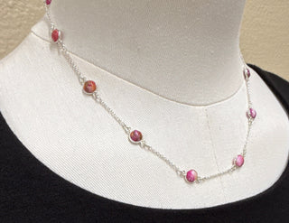 Lightweight pink dahlia necklace with spaced stones, everyday layering sterling silver necklace