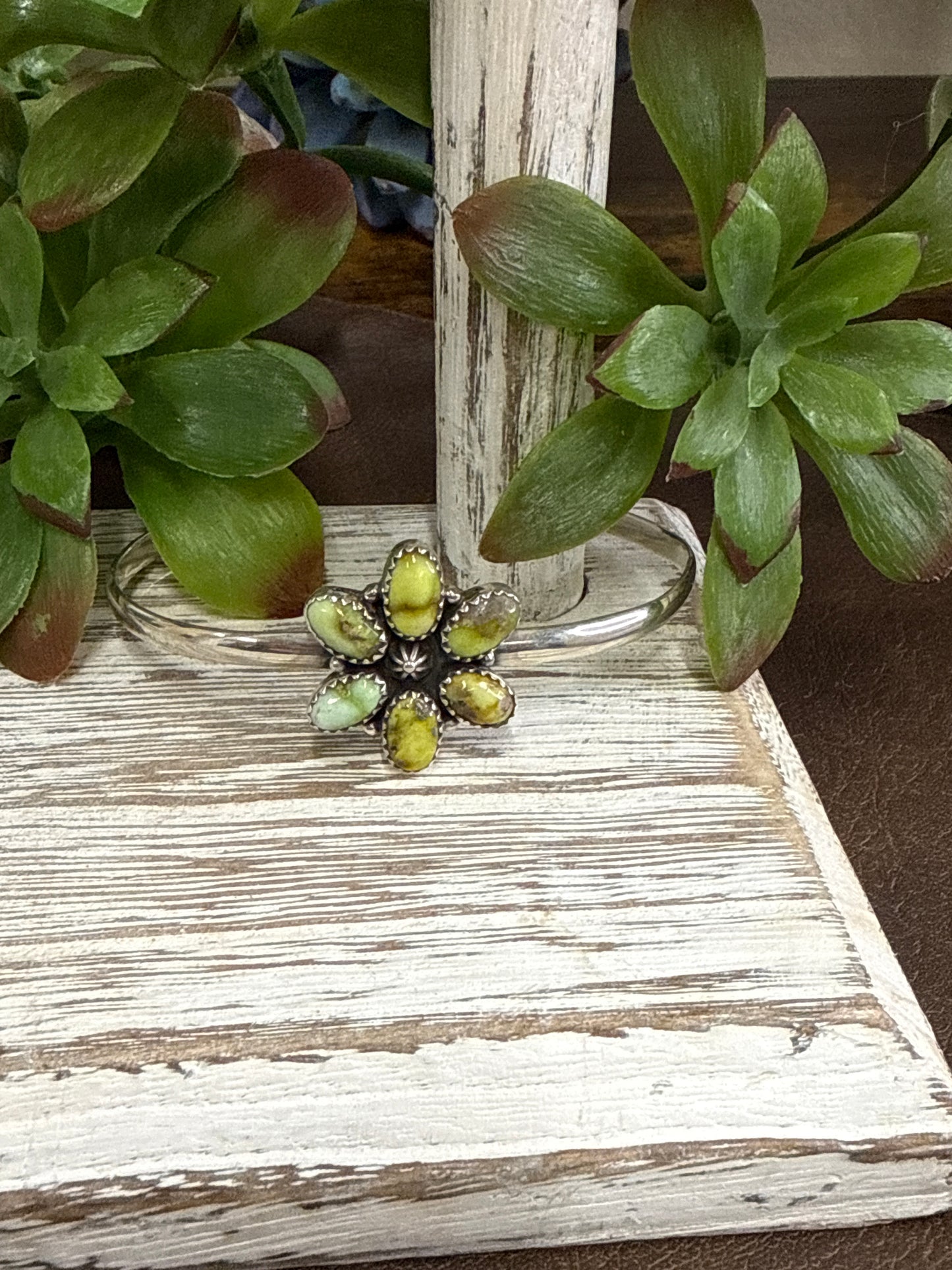 Palomino turquoise floral cuff bracelet in sterling silver, handmade statement western jewelry