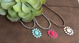 pearl necklace with turquoise, pink, or white statement pendant western style jewelry